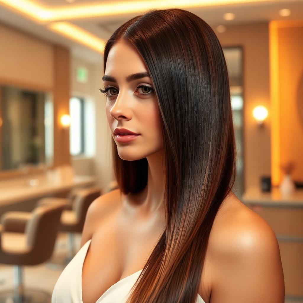 Modelo com cabelo liso no salão Belle Lizze